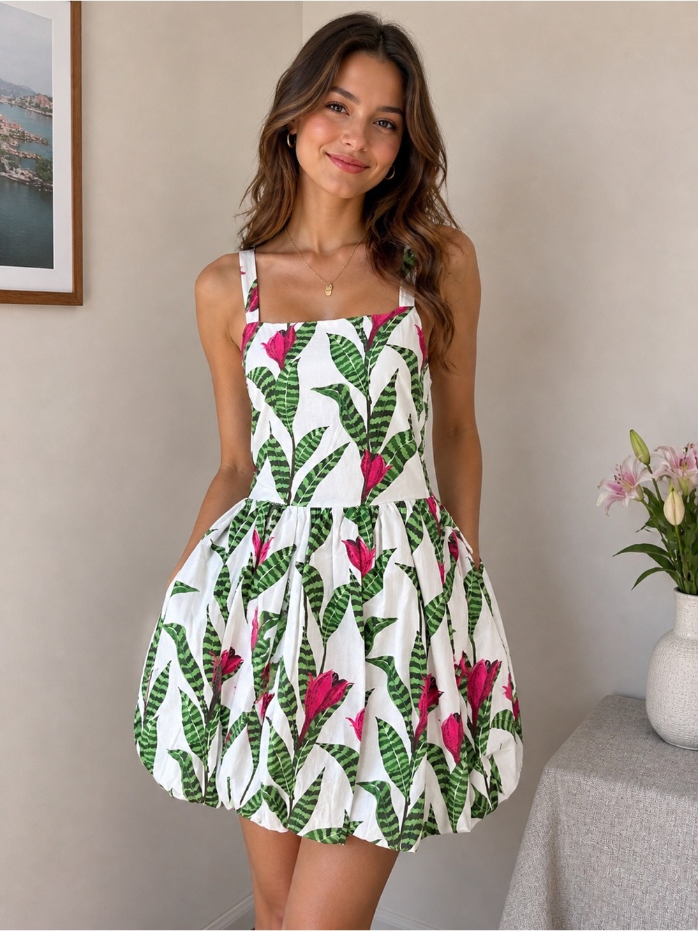 Layered with Love Dress white/red Floral & Green Leaf - Sleeveless Square Neck